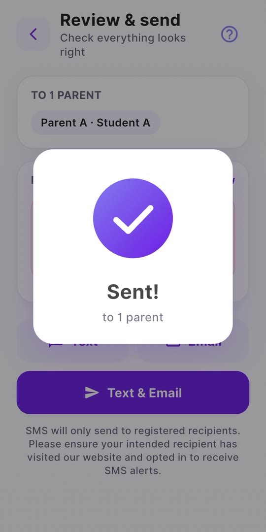 The Sent! confirmation after sending a message in the Notifly app