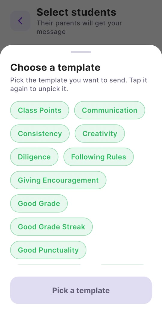 Choosing a ready-made message template in the Notifly app